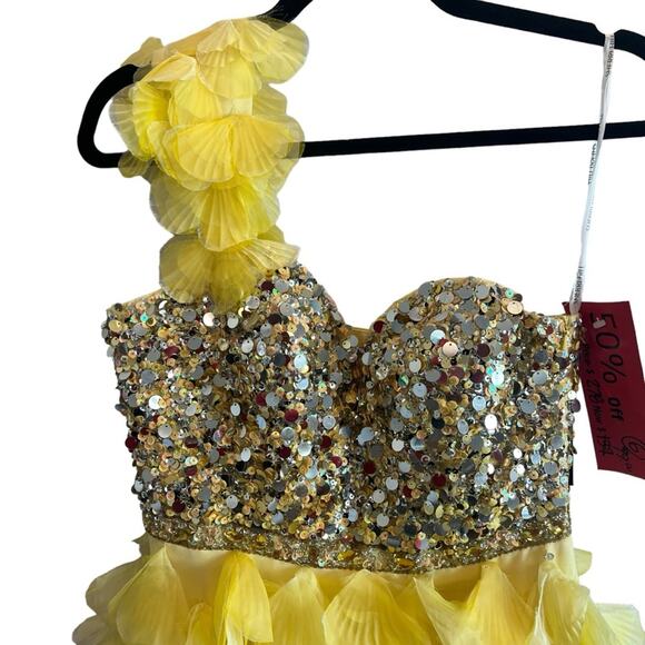 NWT Sherri Hill 6 Silk One Shoulder $330 Sequined Yellow Cocktail Mini Dress - Picture 2 of 6